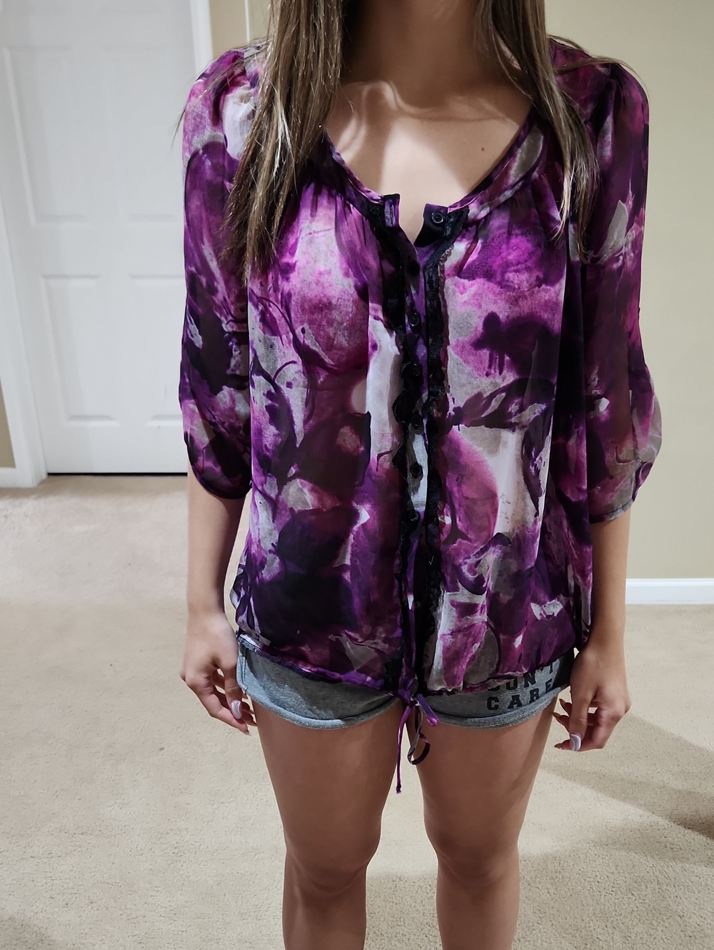 Maurices Purple Floral Sheer Button-Front Blouse
